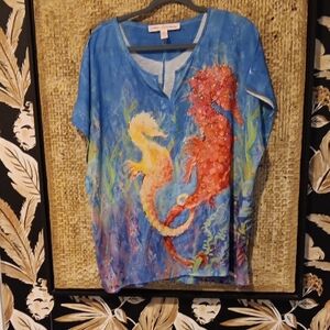 Vibrant Blue Seahorse Print Top